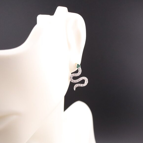 Women's Sterling Silver Snake Stud Earrings – CZ & Green Eyes Fashion Jewelry ** - Picture 6 of 11